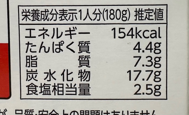 レトルトカレーの箱の裏の栄養成分表示の画像