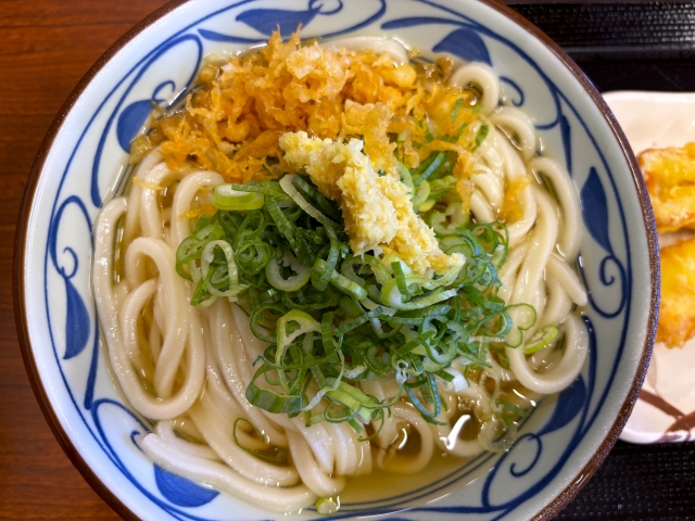 丼ぶりに天かす、ねぎ、しょうががトッピングされた温かいうどんの画像。